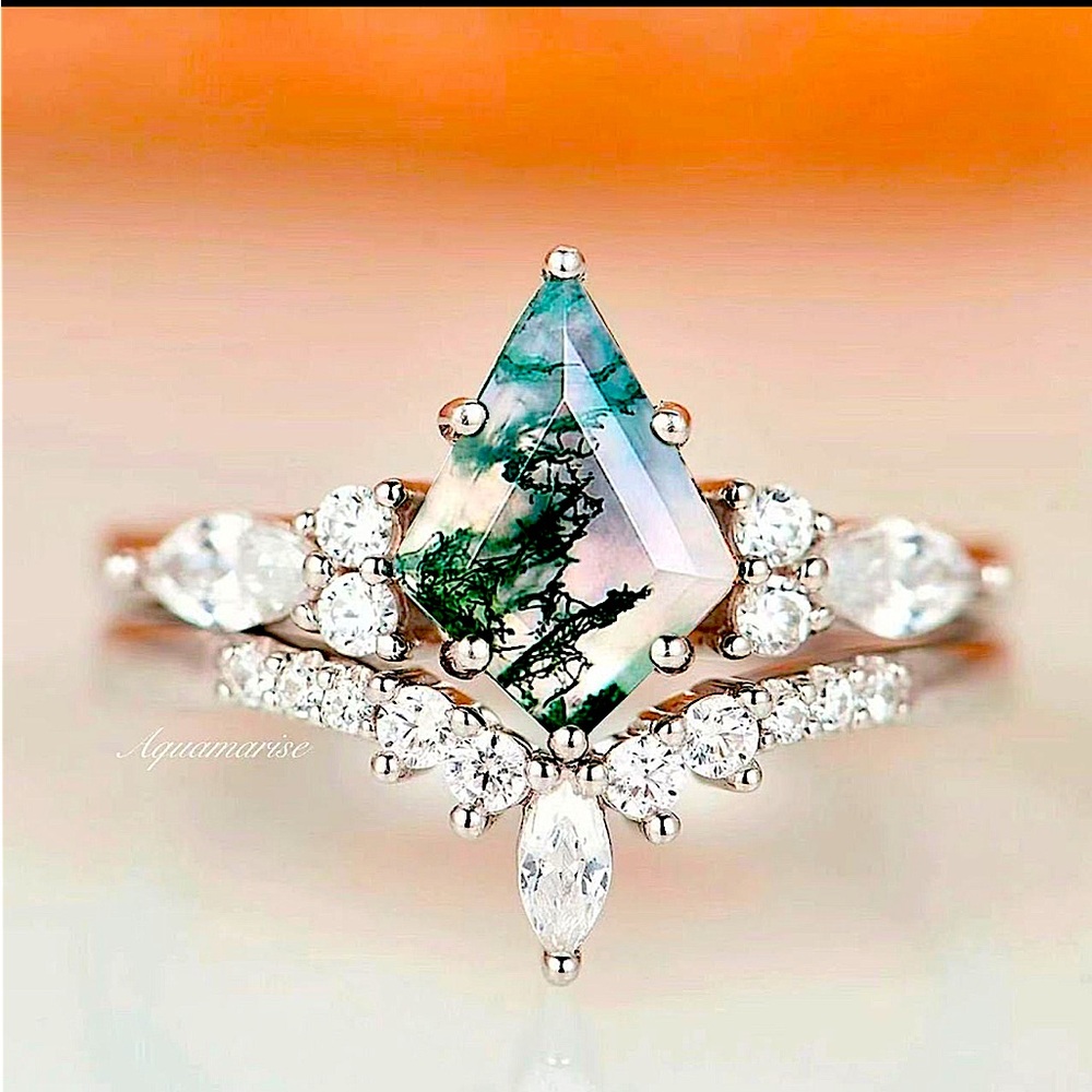 Kite Moss agate ring - sterling silver ring set